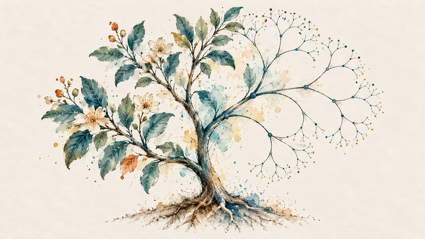 Watercolor botanical branches becoming a precise geometric tree on ivory paper