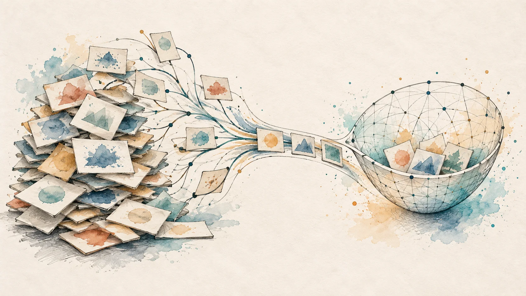 Hand-painted catalog cards flowing into a small selection within a curved wireframe bowl